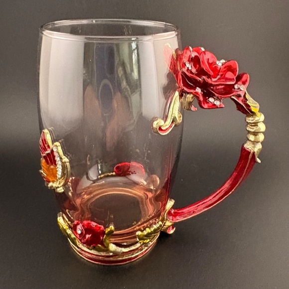 Glass Coffee Tea Cup 3D Jeweled Red & Gold Enamel Rose & Butterfly ARC Of France - Picture 6 of 11